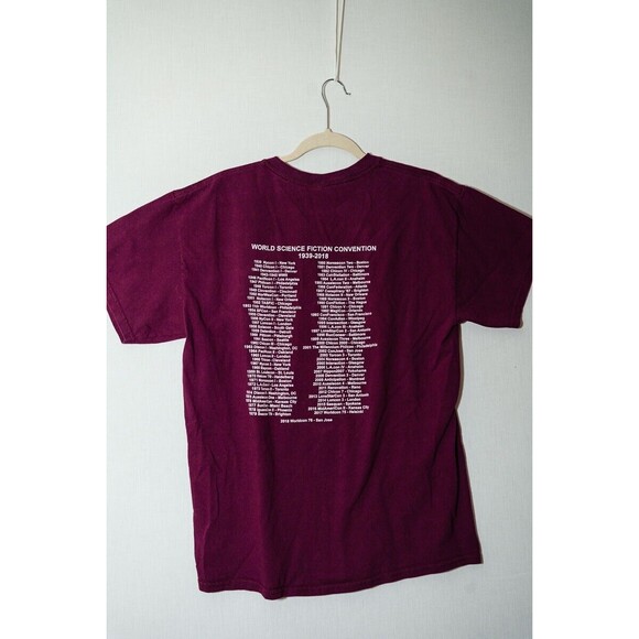 Worldcon Science Fiction convention T-shirt L maroon space astronaut - Picture 3 of 5